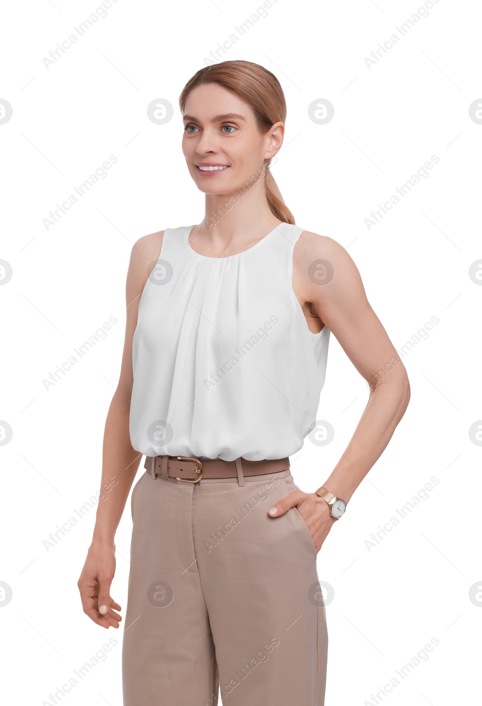 Photo of Beautiful happy businesswoman posing on white background