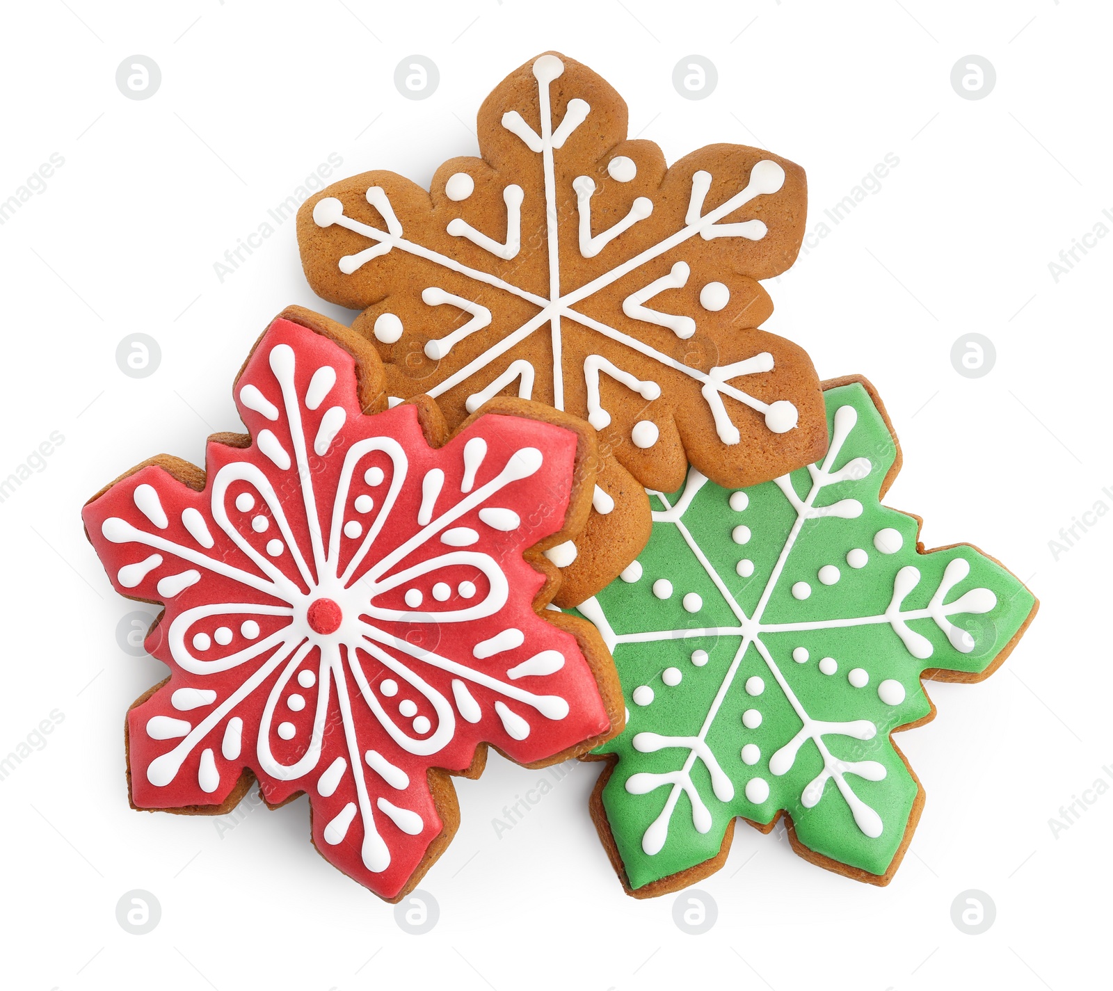 Photo of Tasty Christmas cookies in shape of snowflakes isolated on white, top view