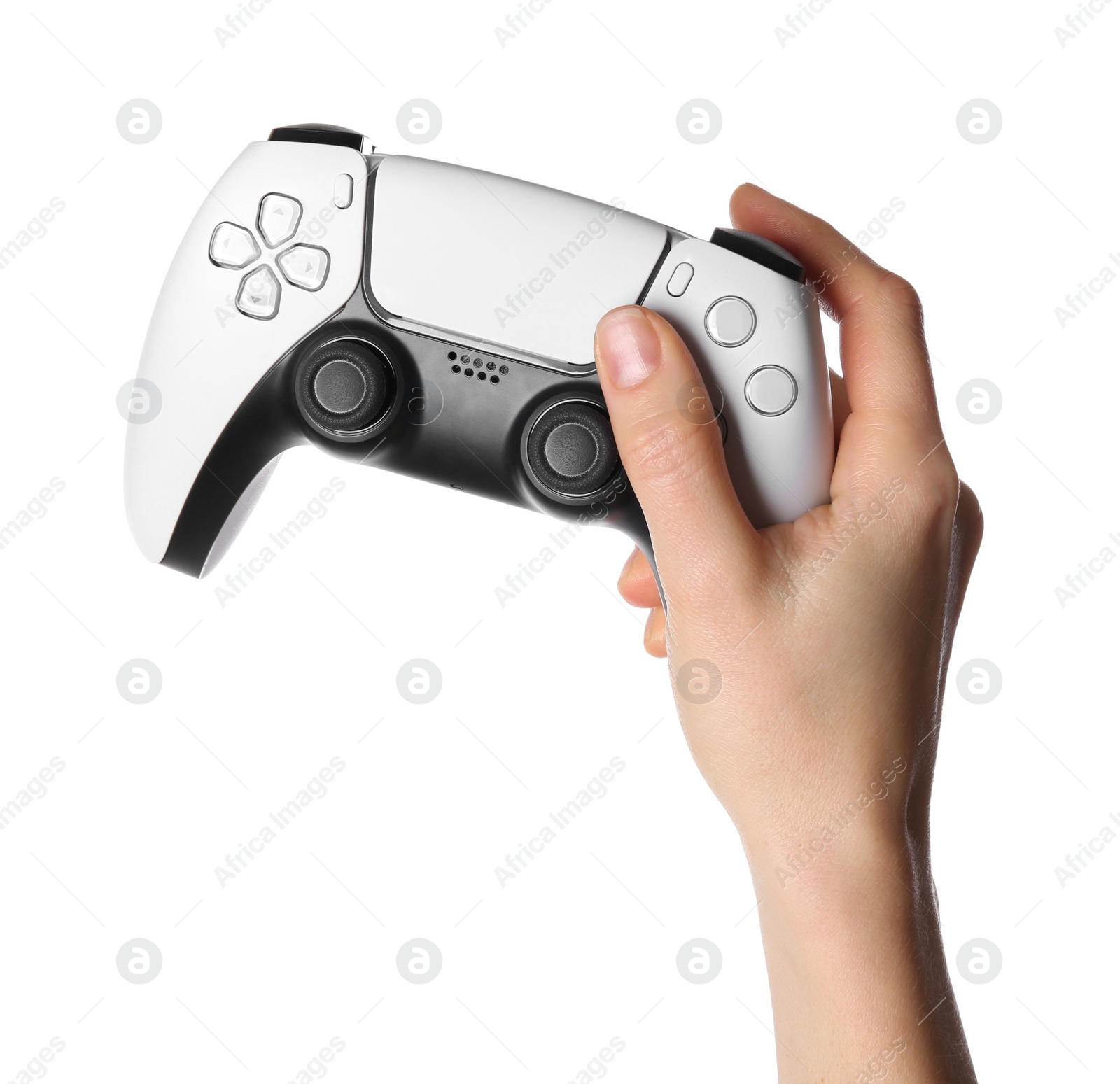 Photo of Woman holding game controller on white background, closeup