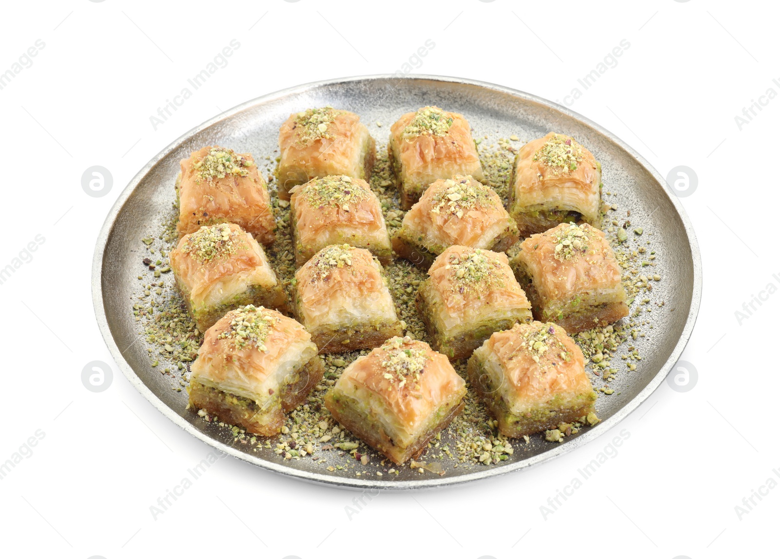 Photo of Delicious fresh baklava with chopped nuts isolated on white. Eastern sweets