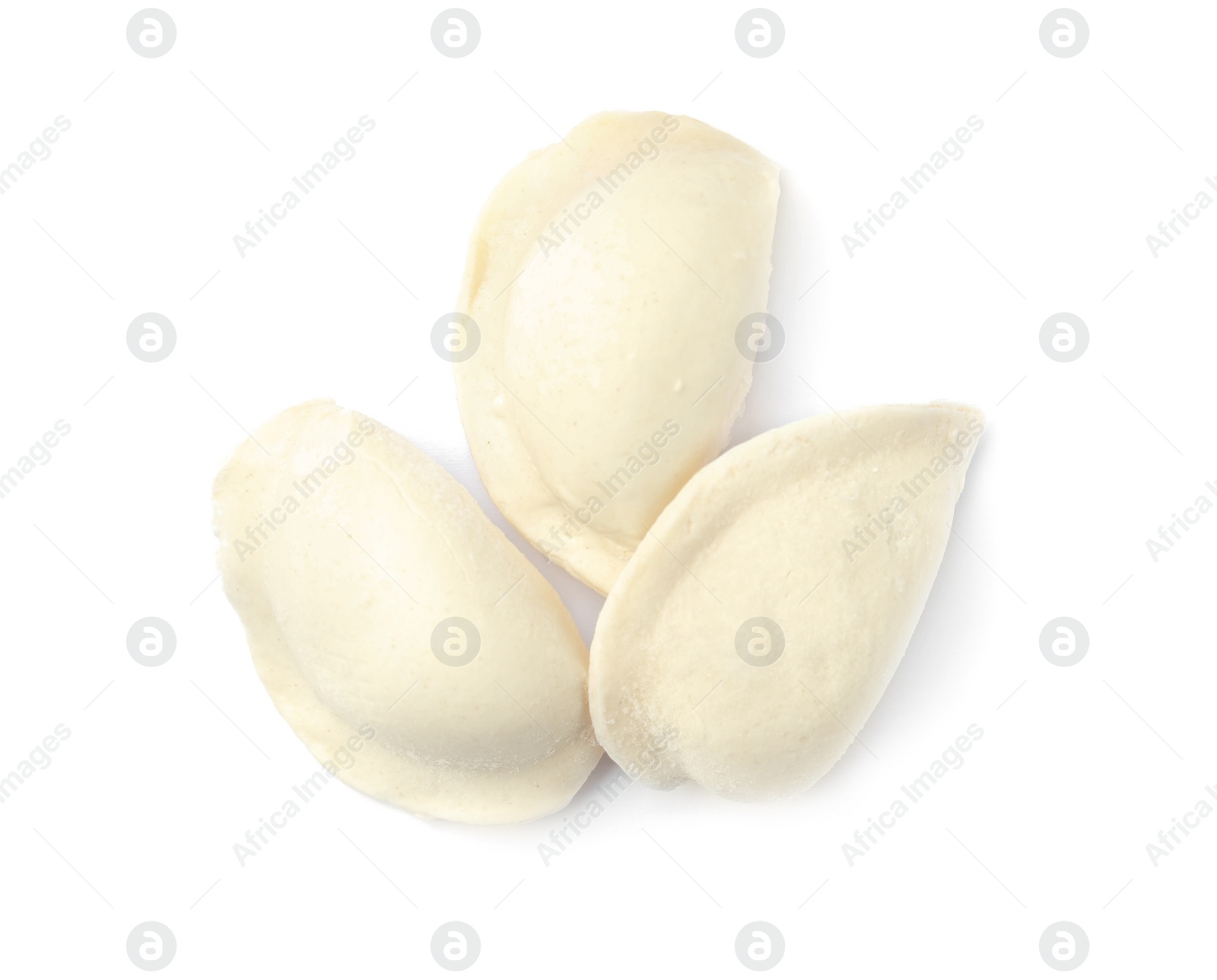 Photo of Raw dumplings on white background, top view