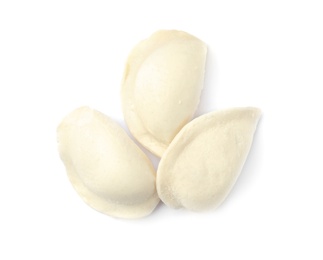 Raw dumplings on white background, top view