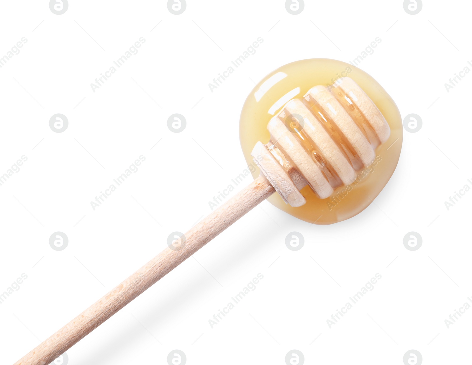 Photo of Tasty natural honey and dipper on white background, top view