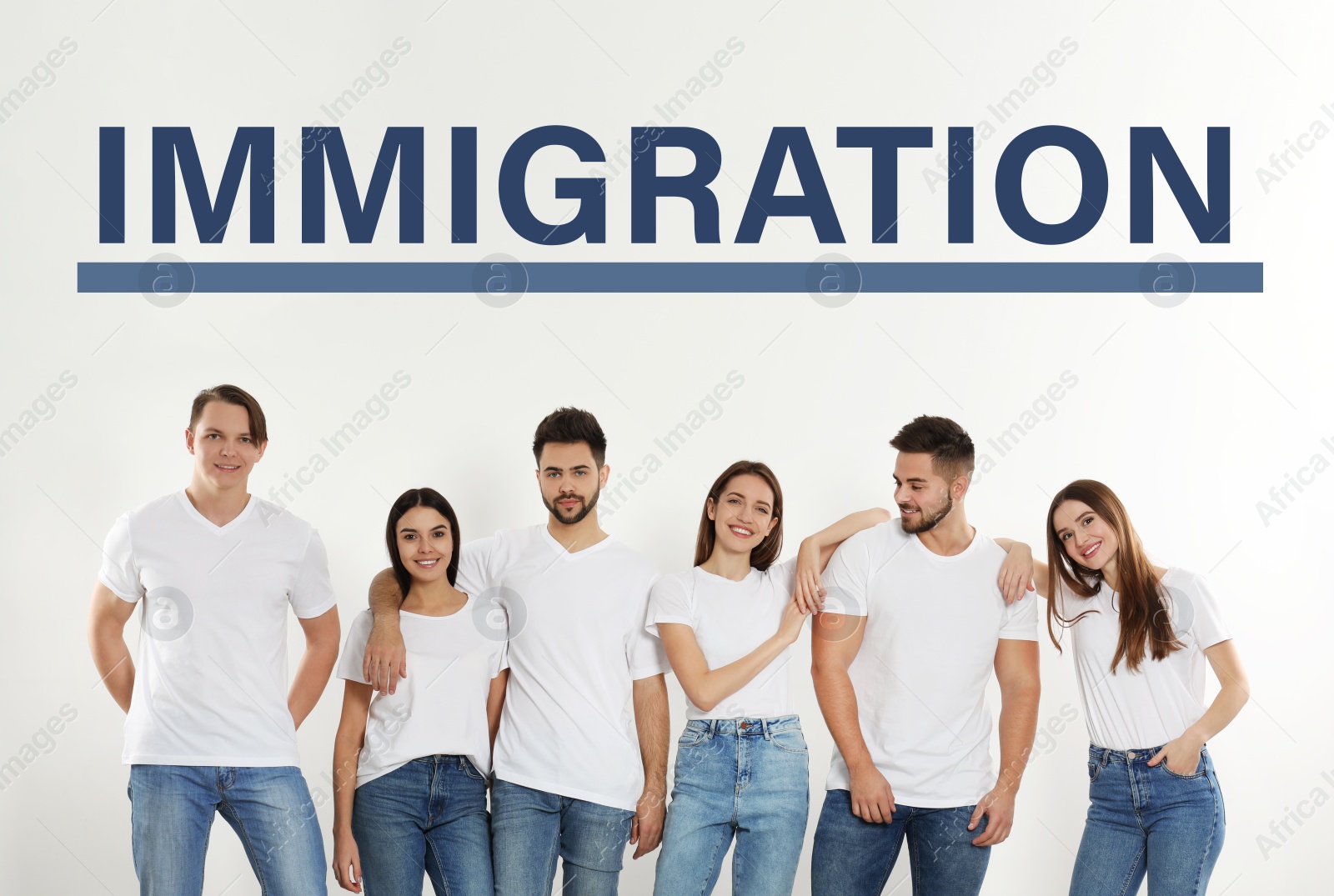 Image of Immigration concept. Group of young people standing near light wall