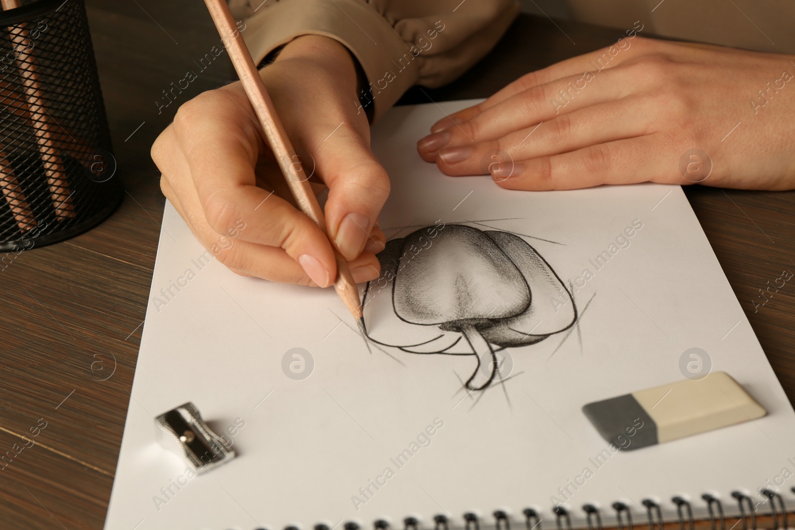 Photo of Woman drawing bell pepper with graphite pencil at wooden table, closeup