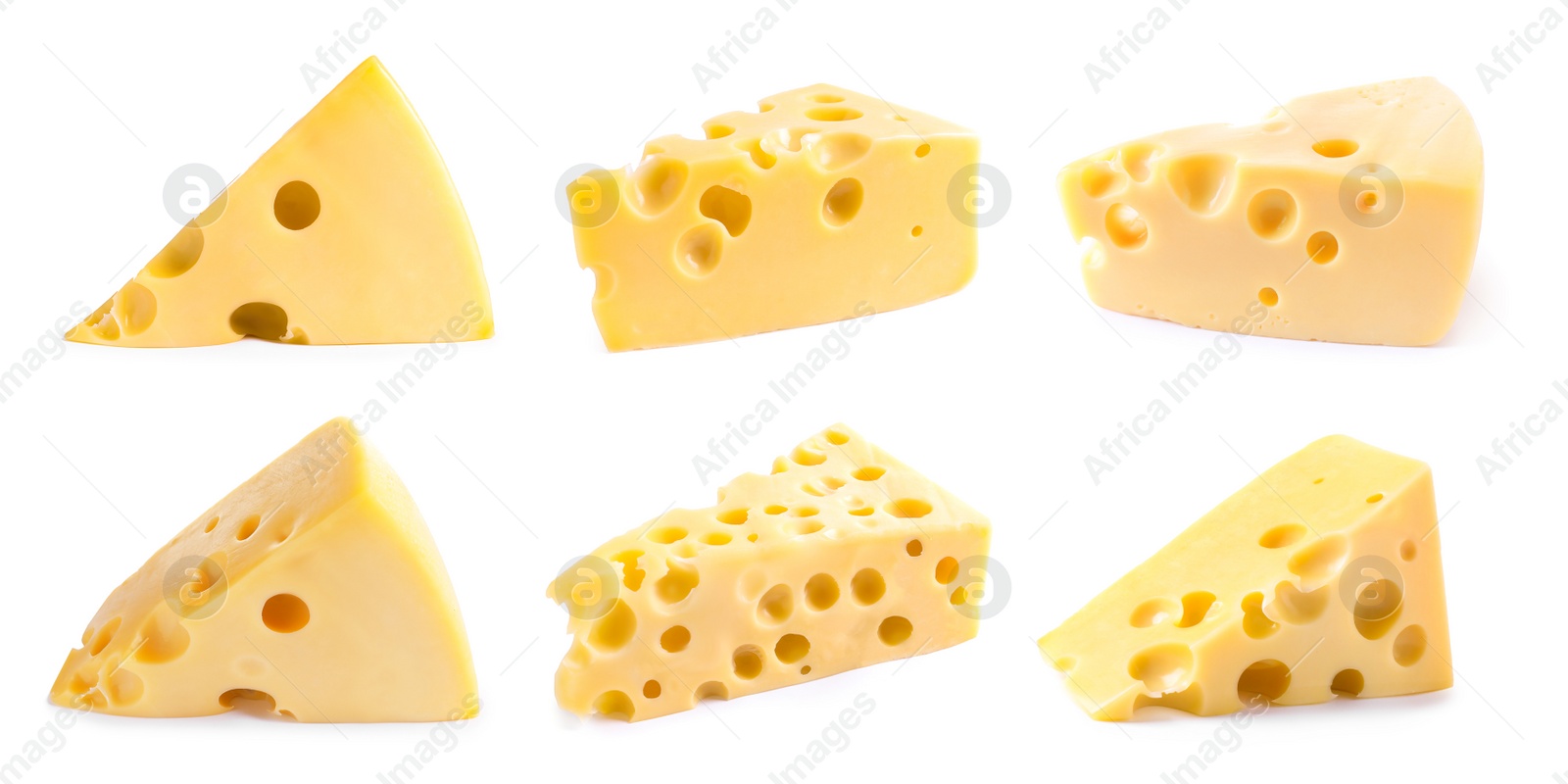 Image of Set with pieces of delicious cheese on white background. Banner design