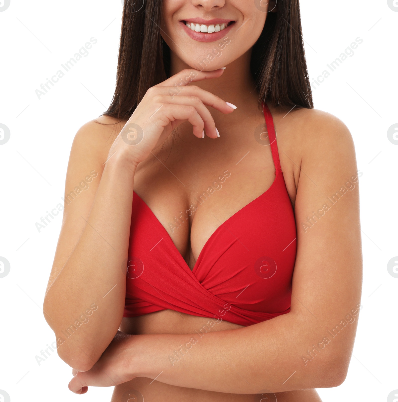 Photo of Pretty sexy woman with slim body in stylish  red bikini on white background, closeup view