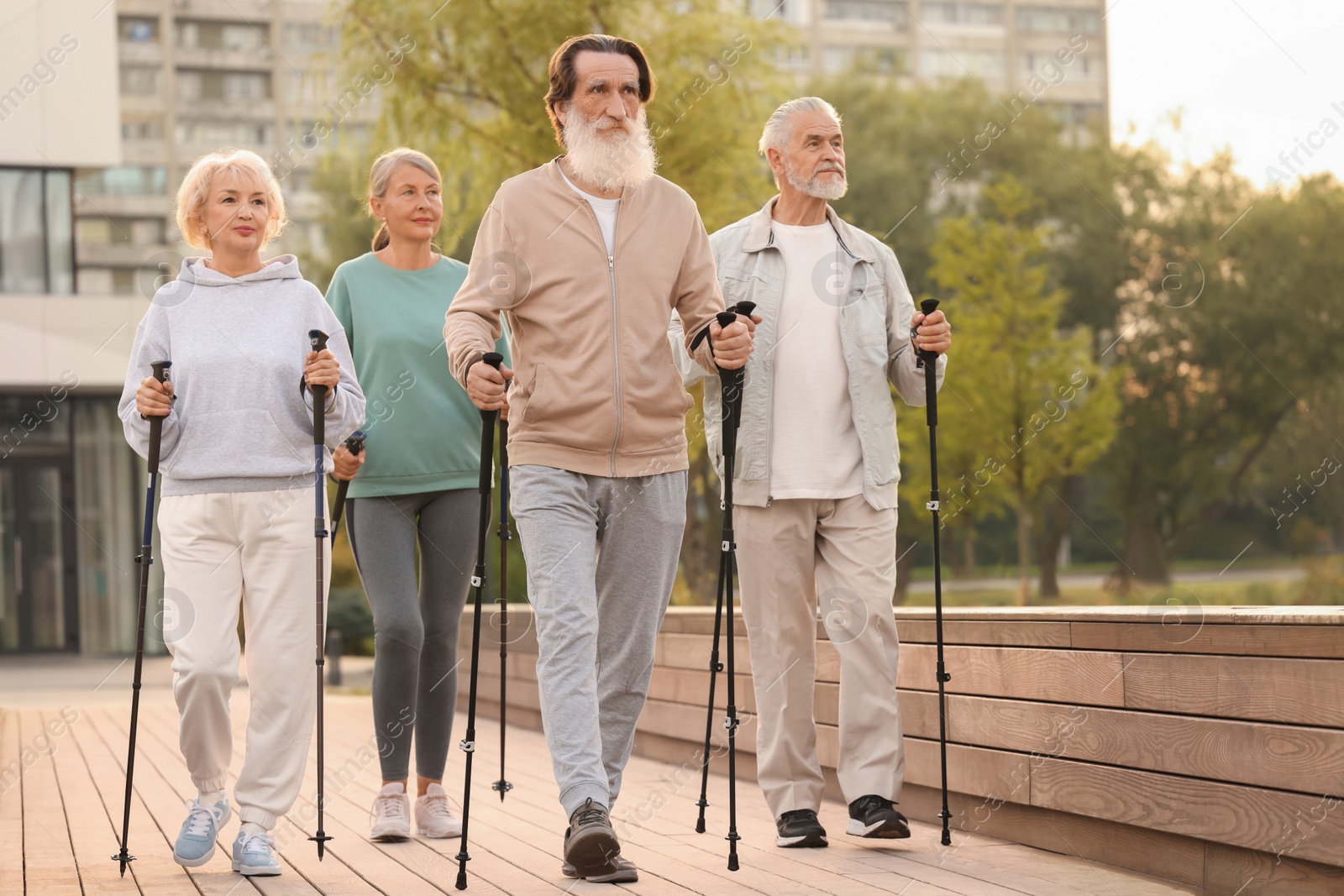 Photo of Group of senior people performing Nordic walking outdoors. Low angle view