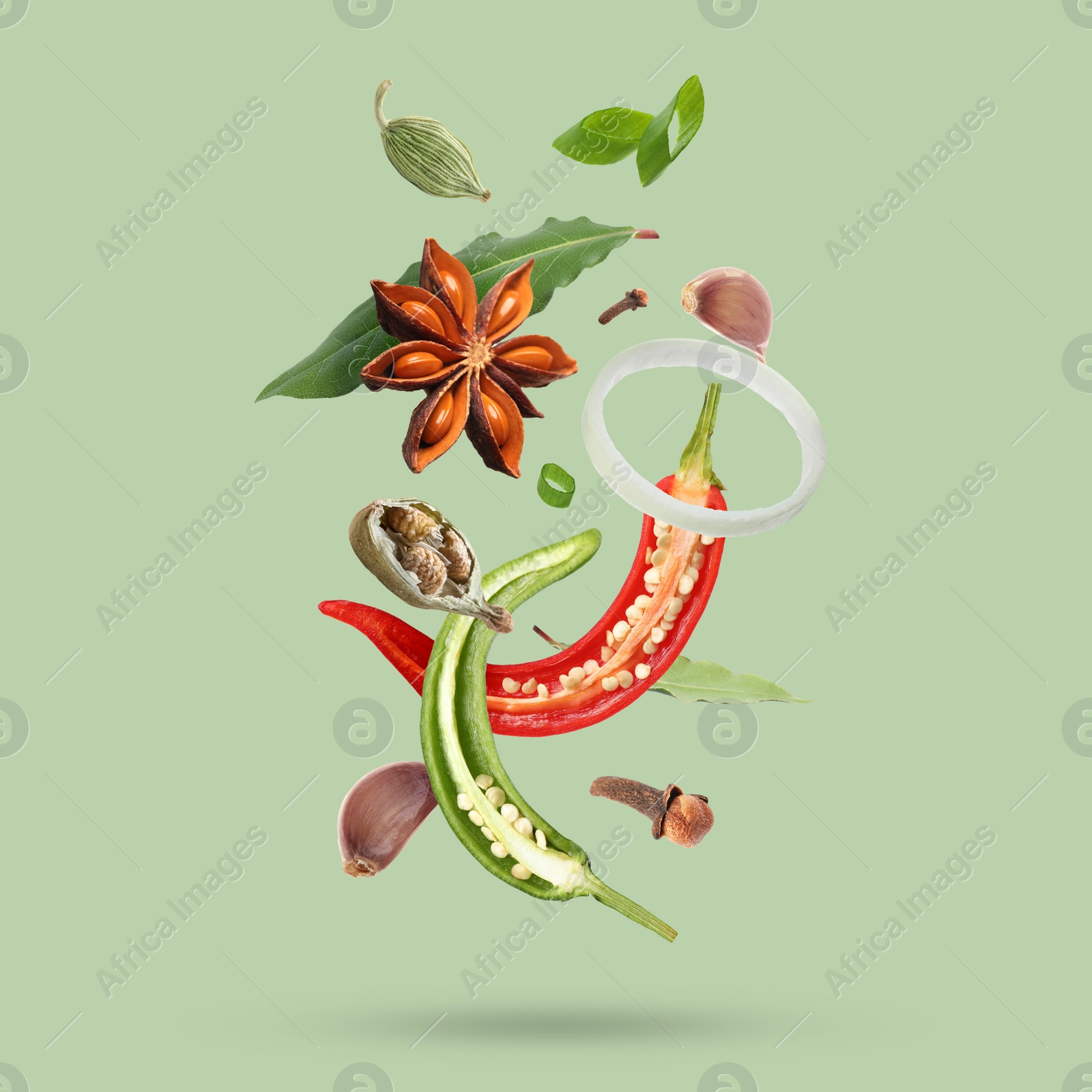 Image of Different spices falling on light green background