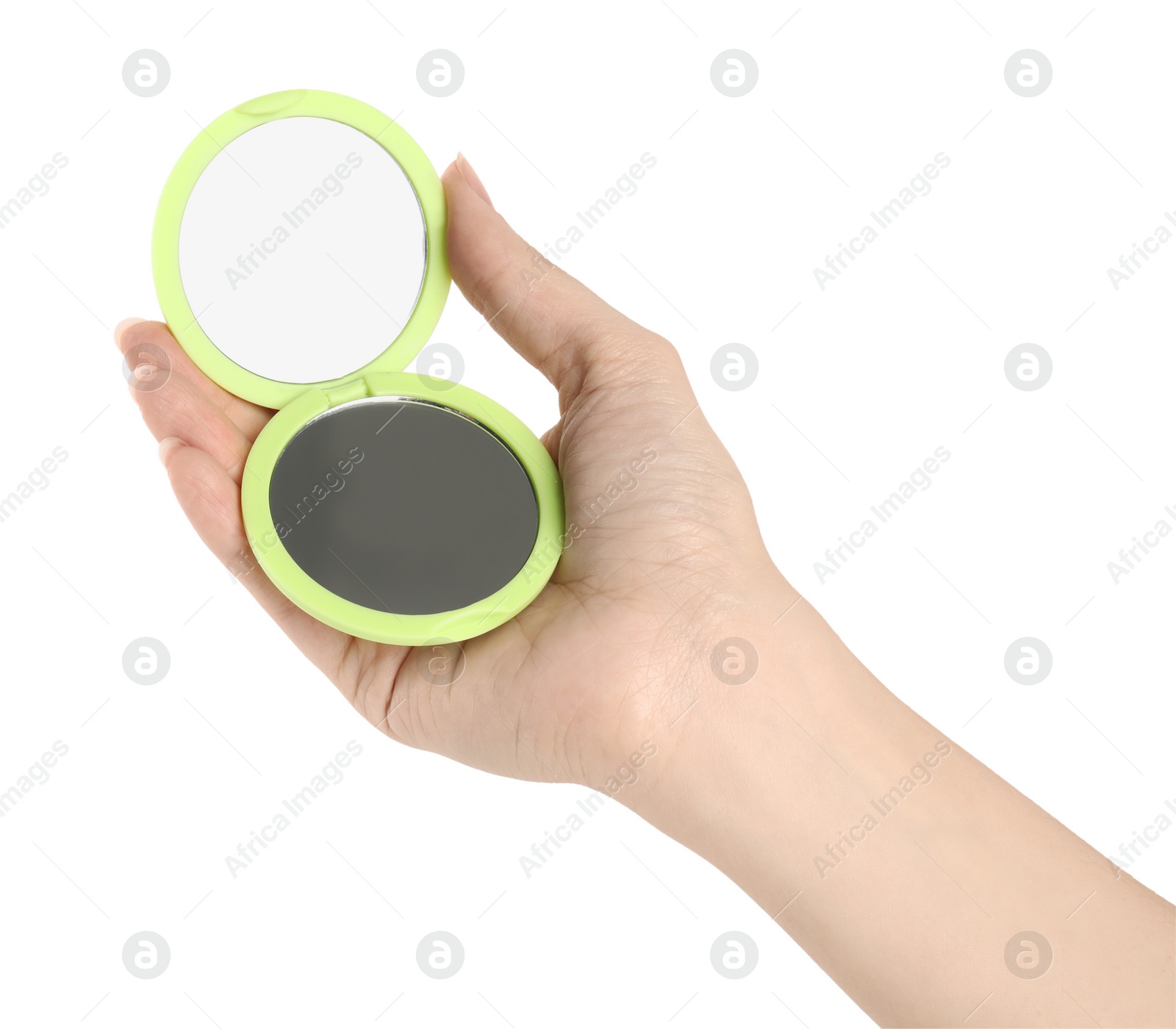 Photo of Woman holding green cosmetic pocket mirror on white background, closeup