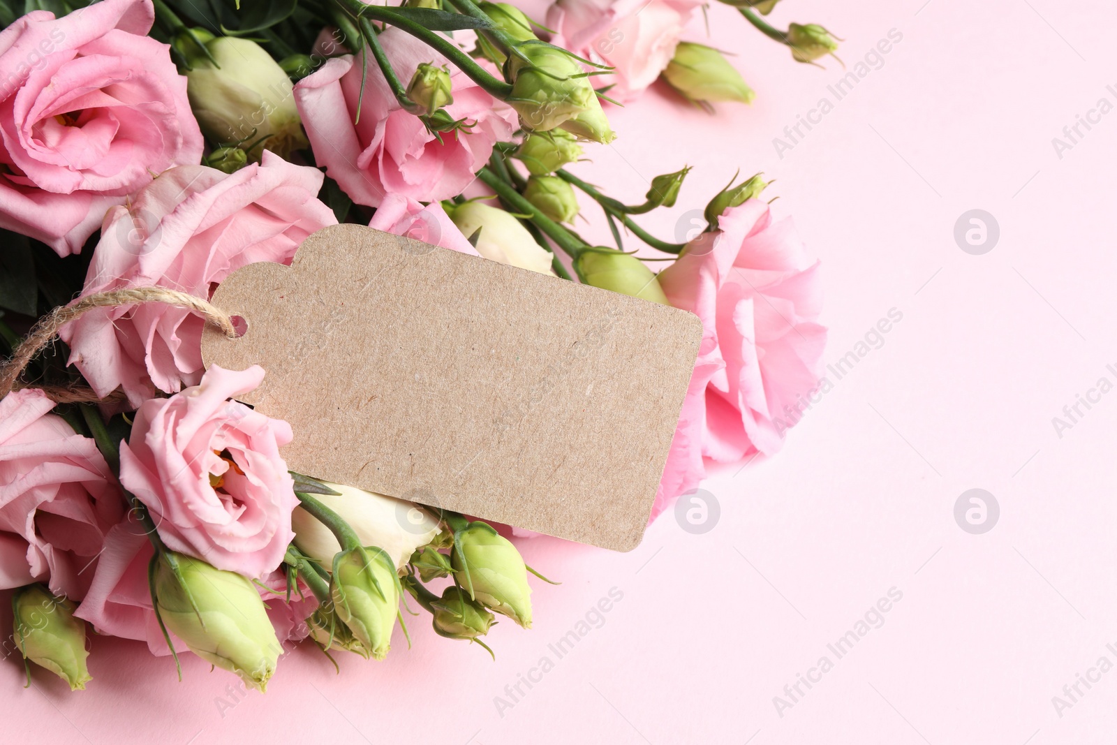 Photo of Happy Mother's Day. Beautiful flowers and blank card on pink background, closeup. Space for text