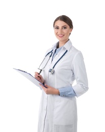 Young medical student with clipboard on white background