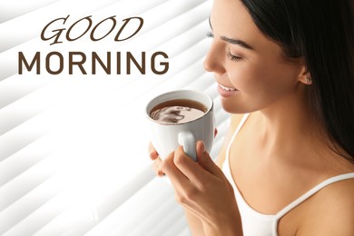 Image of Good Morning! Young woman with cup of tea near window