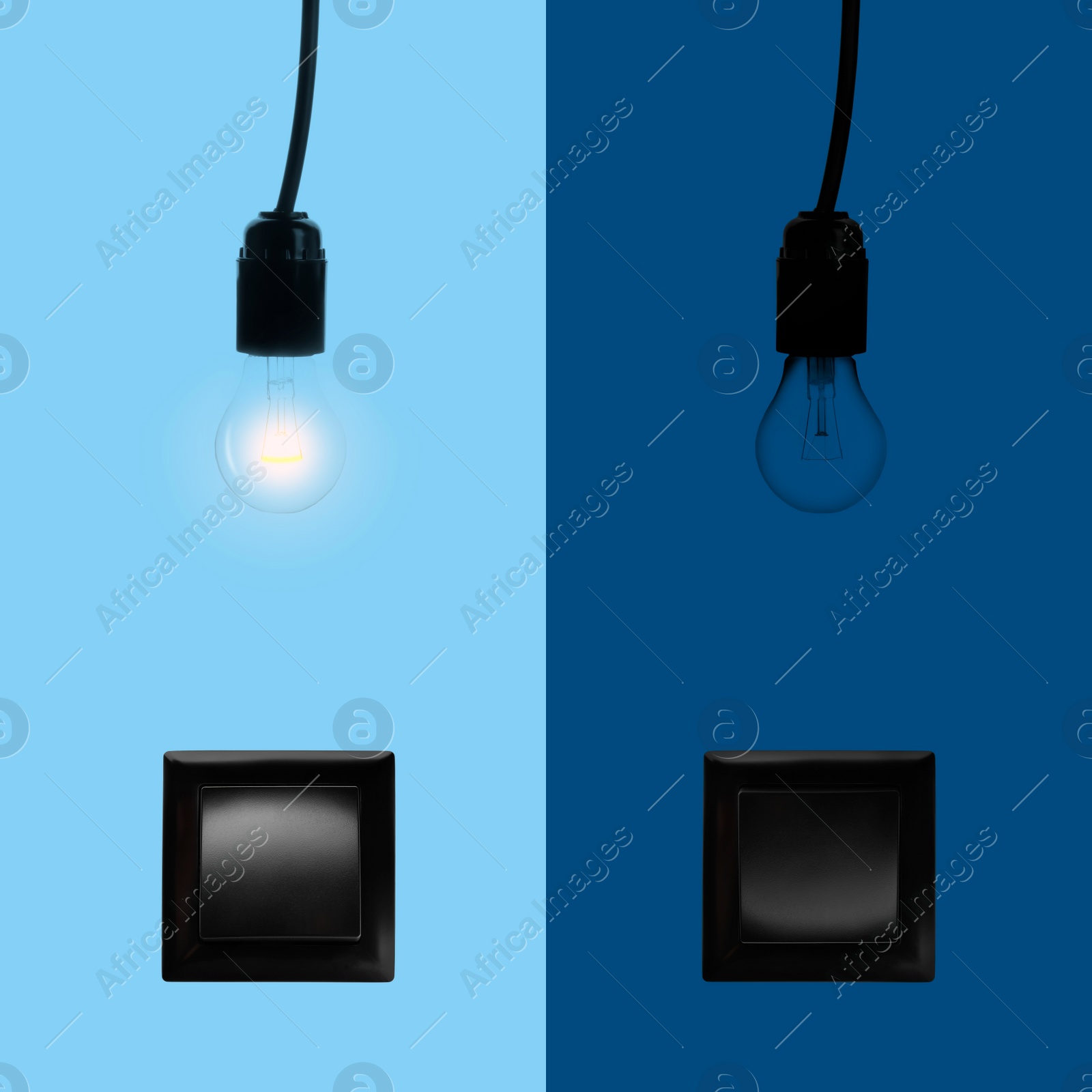 Image of Turned ON and OFF light switches and bulbs, collage