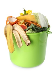 Trash bin with organic waste for composting on white background