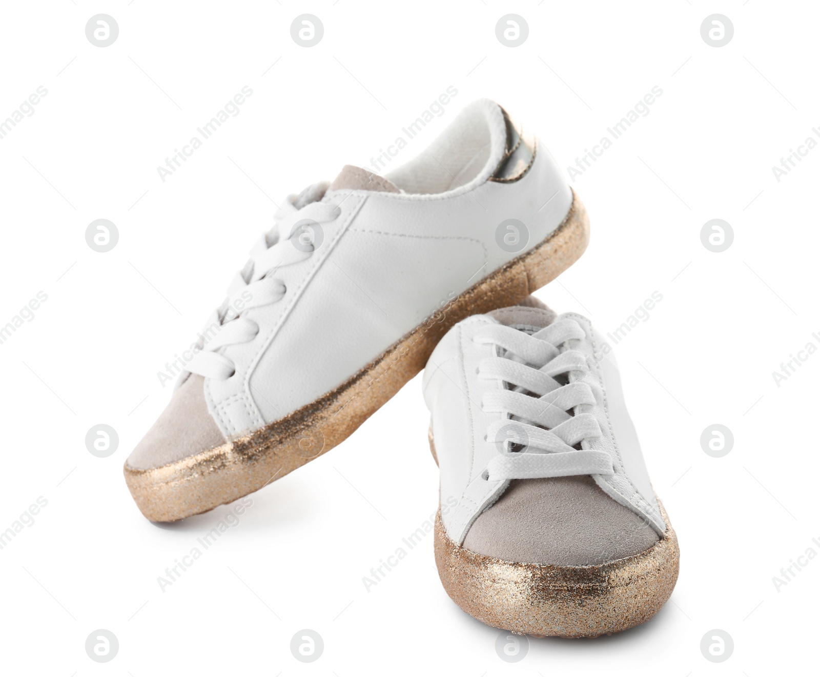 Photo of Pair of stylish new shoes on white background