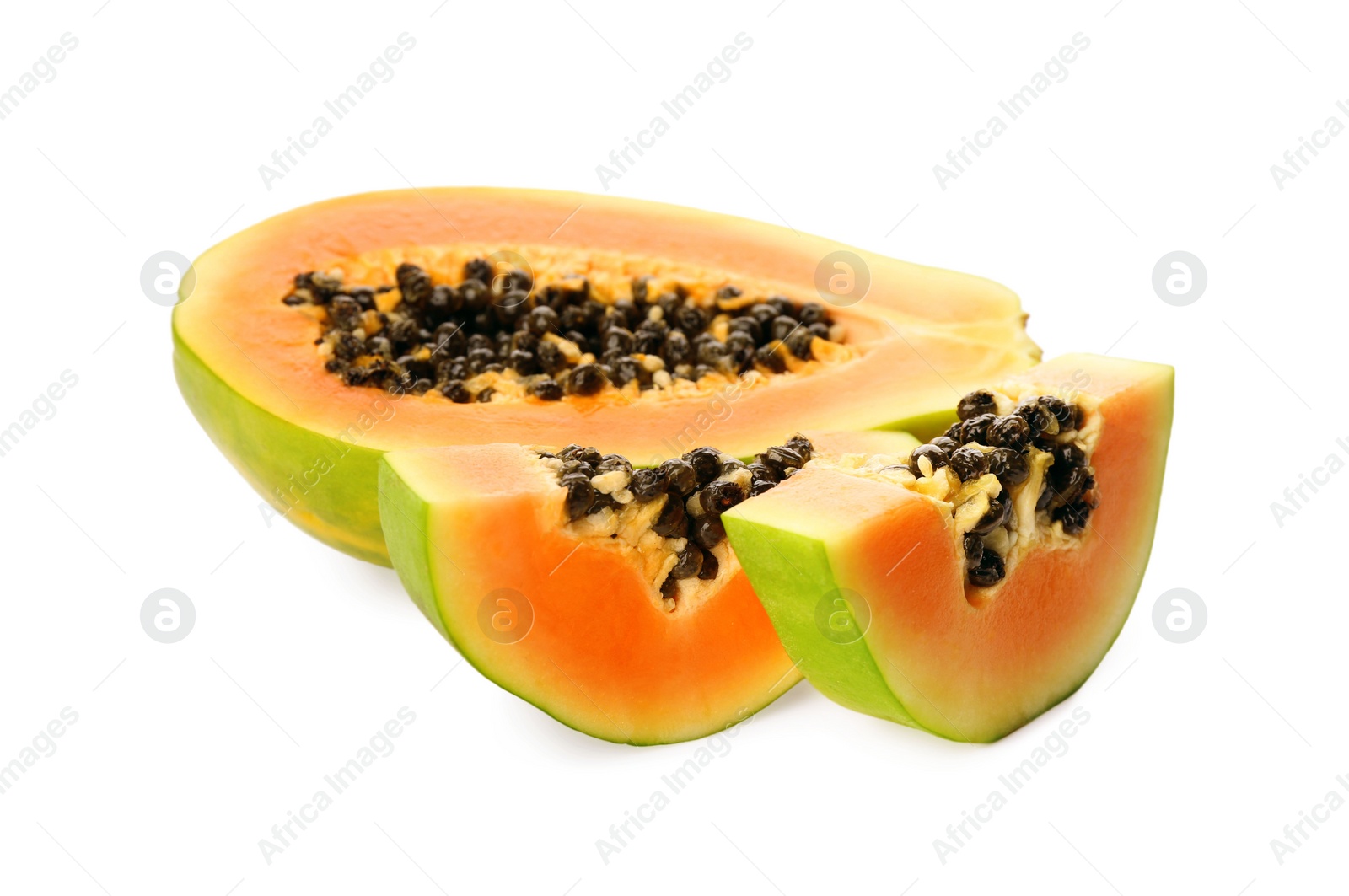 Photo of Fresh cut papaya fruit on white background