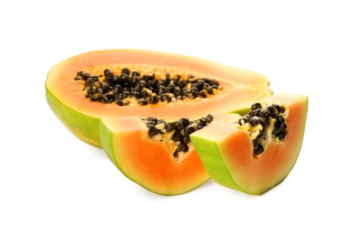 Photo of Fresh cut papaya fruit on white background