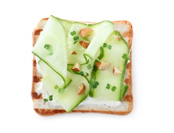Sandwich with cucumber, cream cheese, microgreens and almond isolated on white, top view