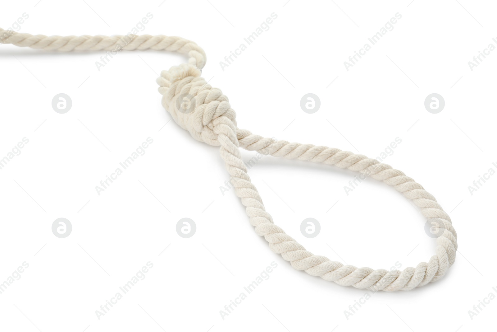 Photo of Rope noose with knot on white background