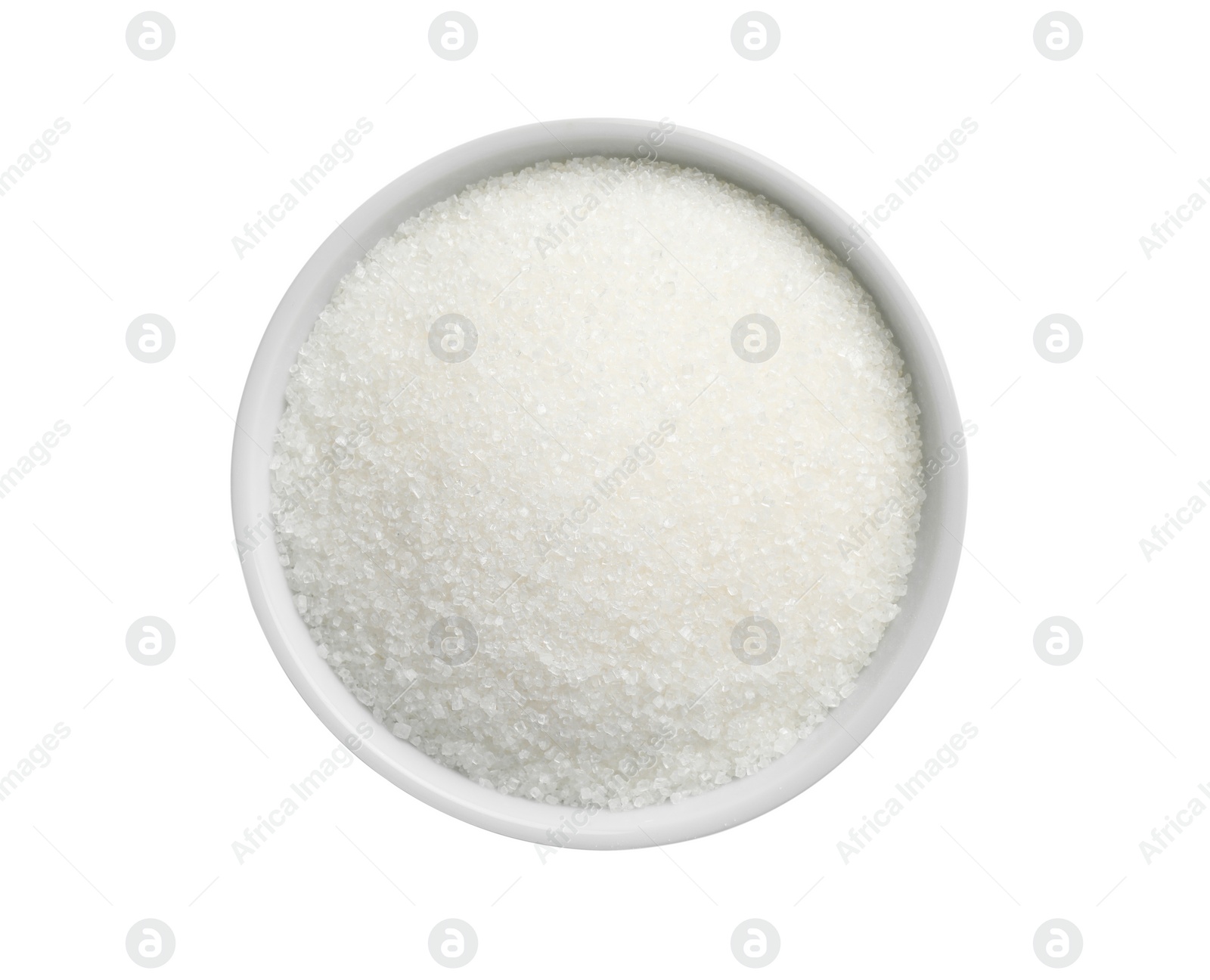 Photo of Granulated sugar in bowl isolated on white, top view