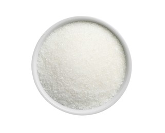 Granulated sugar in bowl isolated on white, top view