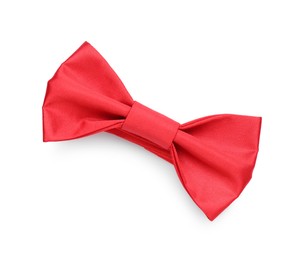 Photo of Stylish red bow tie on white background, top view