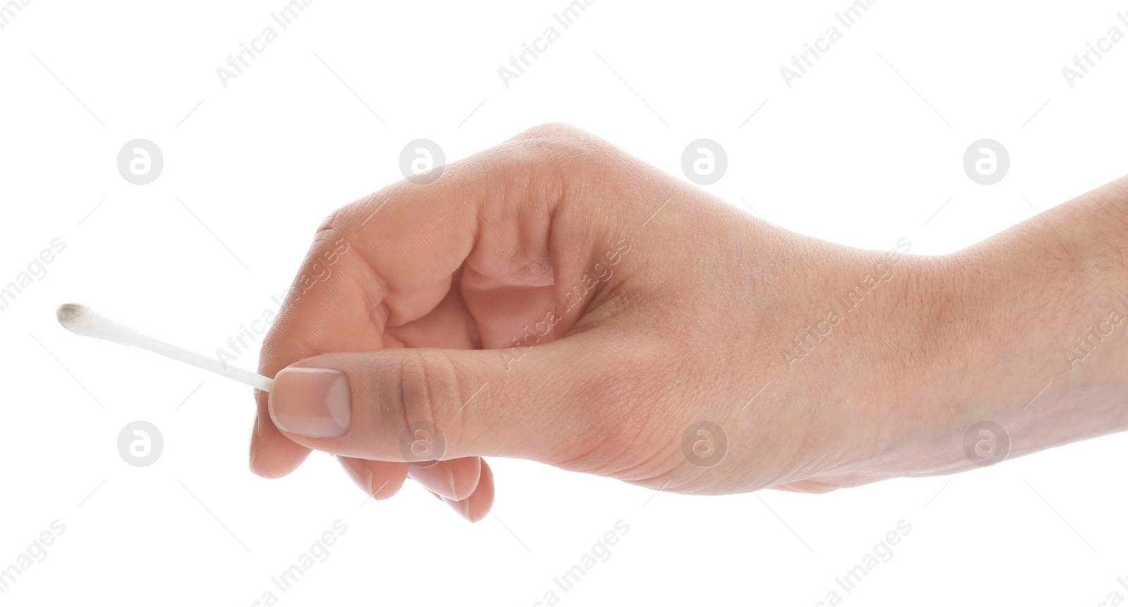 Photo of Woman holding used cotton swab on white background, closeup