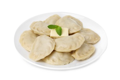 Photo of Delicious dumplings (varenyky) with tasty filling and butter isolated on white