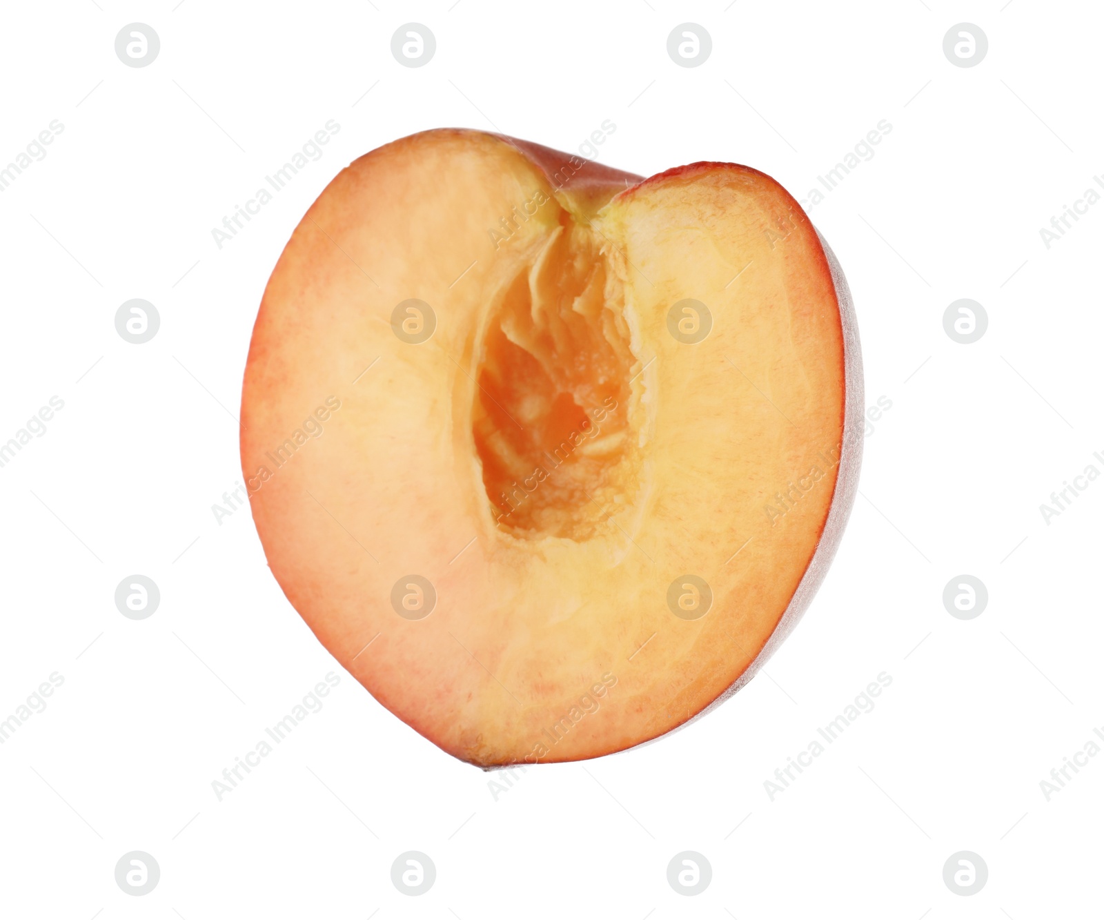 Photo of Half of sweet juicy peach on white background