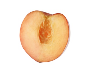 Photo of Half of sweet juicy peach on white background