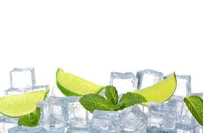 Photo of Ice cubes, mint and lime slices on white background