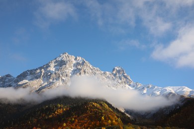 Picturesque landscape of high mountains covered with thick mist under blue sky on autumn day