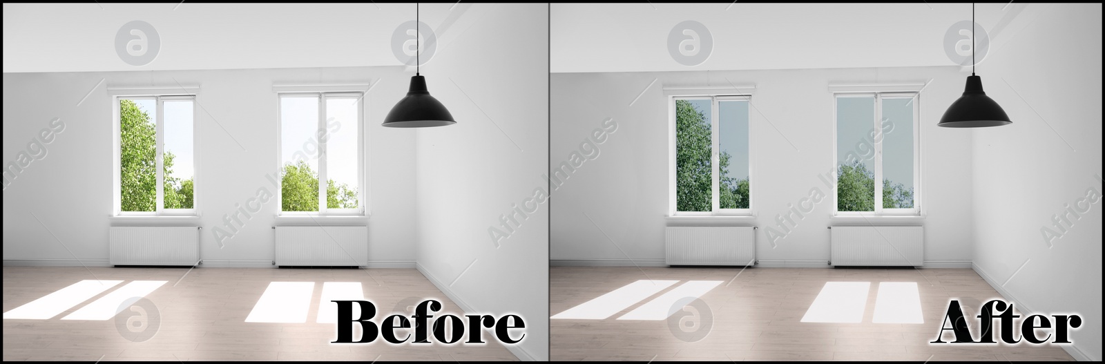 Image of Empty room with windows before and after tinting