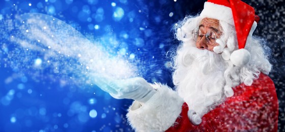 Santa Claus blowing magic snow on blurred background. Merry Christmas, banner design