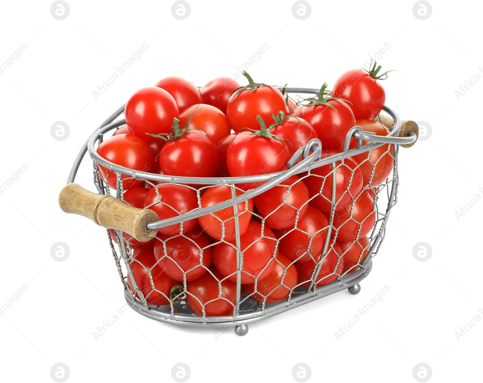 Photo of Basket with fresh ripe cherry tomatoes isolated on white