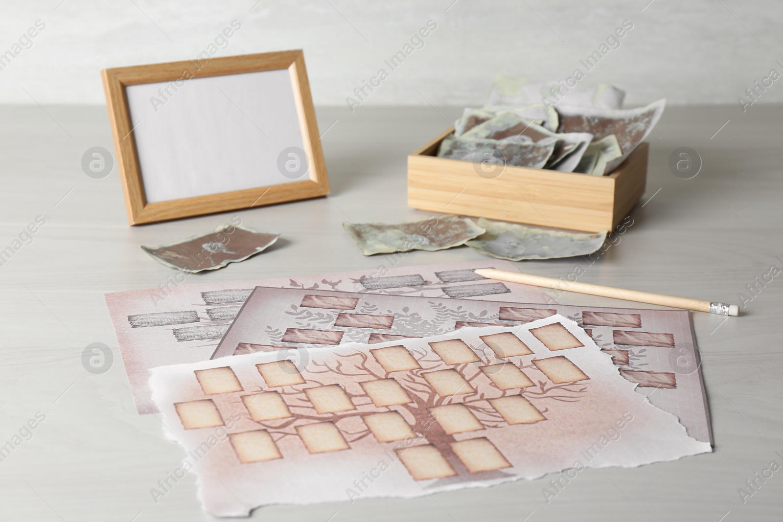 Photo of Papers with family tree templates, frame, photos and pencil on light wooden table