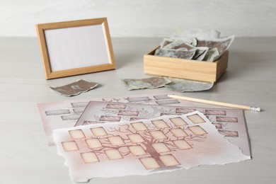 Photo of Papers with family tree templates, frame, photos and pencil on light wooden table
