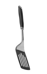 Photo of One metal spatula with black handle isolated on white