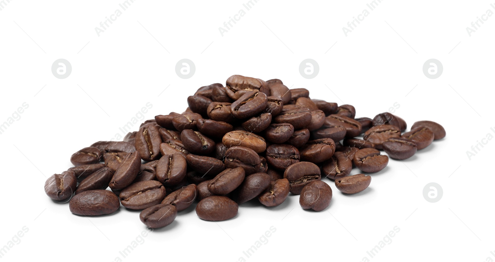 Photo of Pile of roasted coffee beans on white background