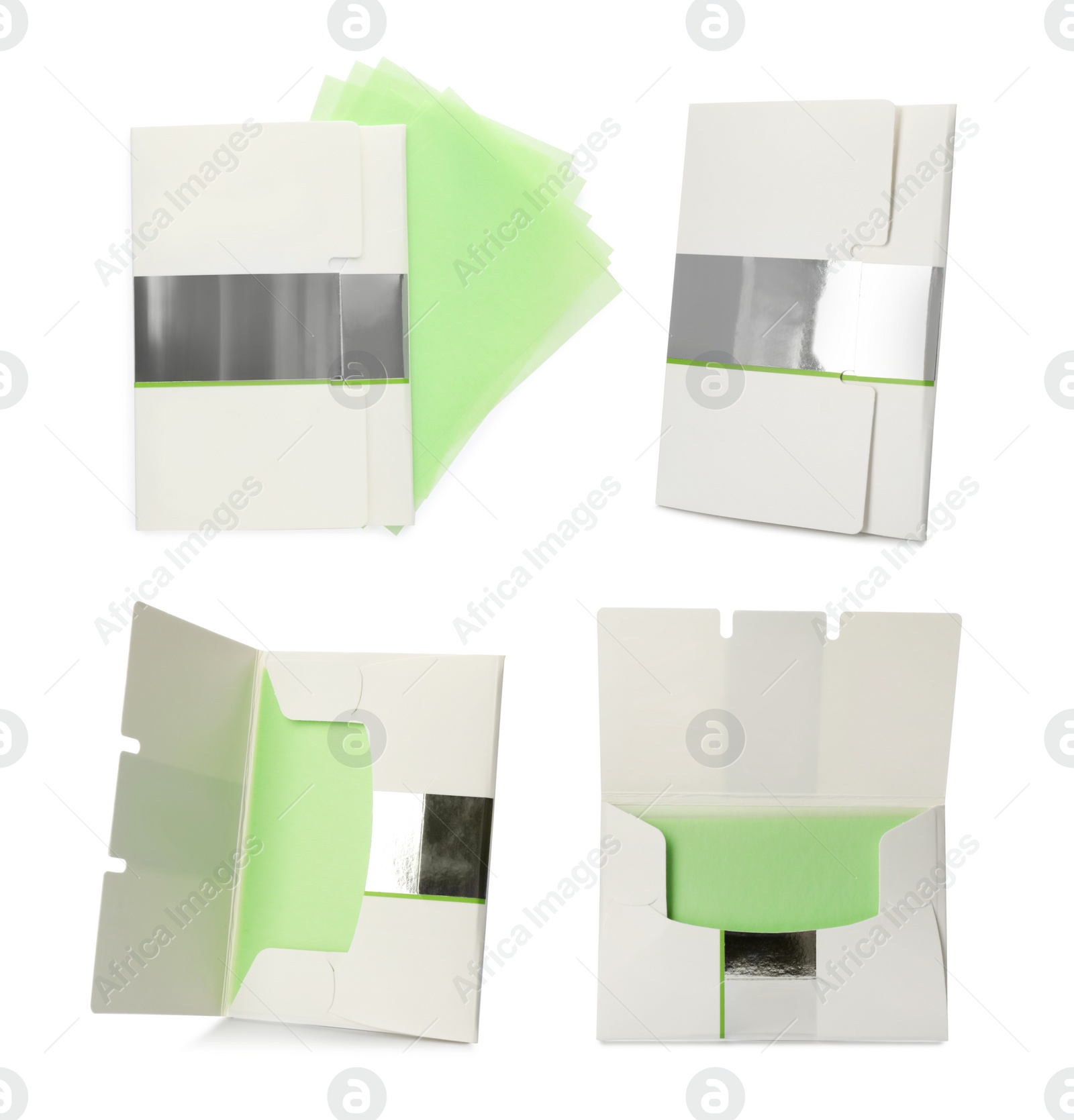 Image of Set with facial oil blotting tissues on white background. Mattifying wipes