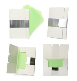 Image of Set with facial oil blotting tissues on white background. Mattifying wipes