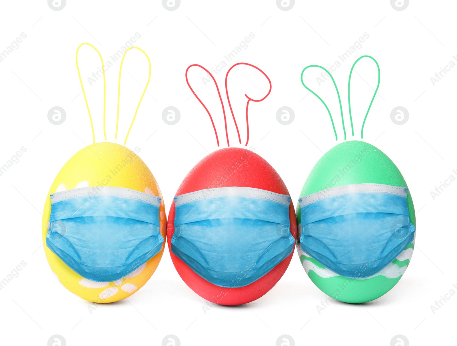 Image of COVID-19 pandemic. Colorful Easter eggs with cute bunny ears in protective masks on white background