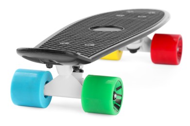 Black skateboard with colorful wheels isolated on white. Sports equipment