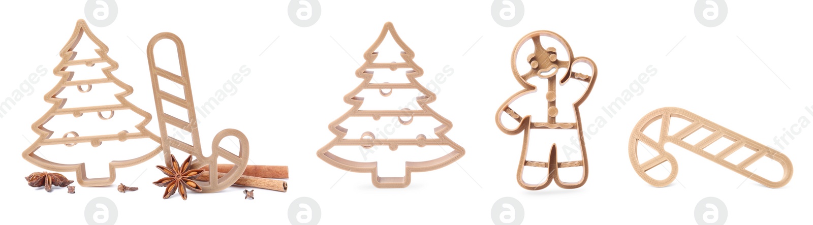 Image of Set with cookie cutters of different shapes on white background, top view. Banner design