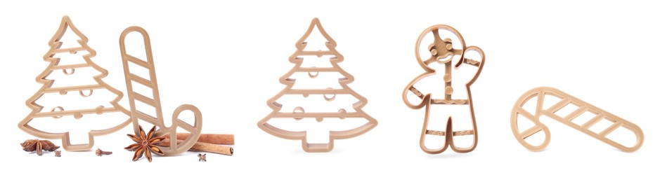 Image of Set with cookie cutters of different shapes on white background, top view. Banner design