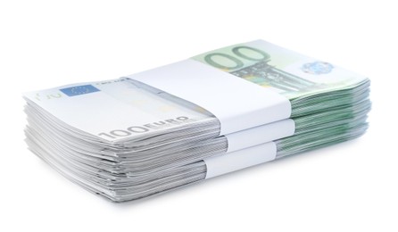 Photo of Stack of euro banknotes isolated on white. Money and finance