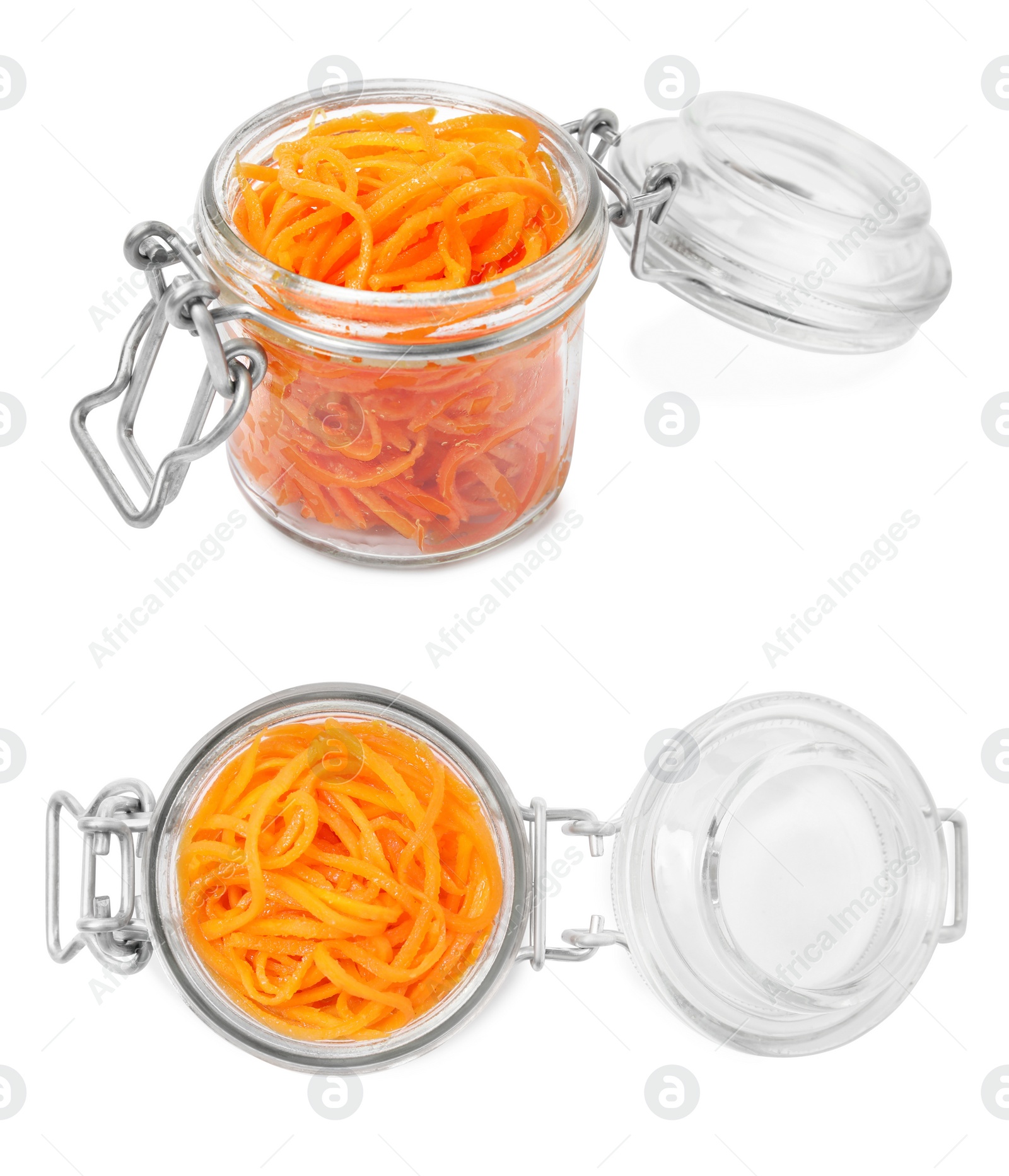 Image of Glass jars with tasty Korean carrot salad on white background, collage