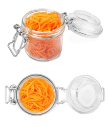 Image of Glass jars with tasty Korean carrot salad on white background, collage