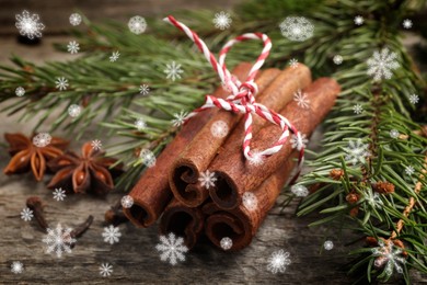 Different spices and fir tree branches on wooden table, closeup. Cinnamon, cloves, anise